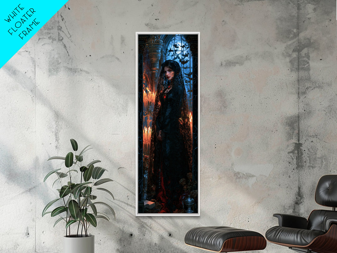The Widow Of Black Veils, Victorian Vampire Portrait, Tall Narrow Canvas Print, Dark Academia Decor, Classic Monster Art