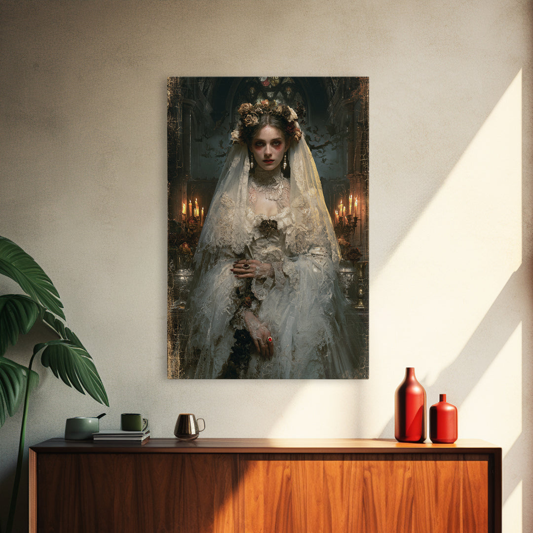 The Chapel Crypt Bride, Victorian Vampire Portrait, Vertical Canvas Print, Macabre Home Decor, Spooky Season Decor, Classic Monster Art