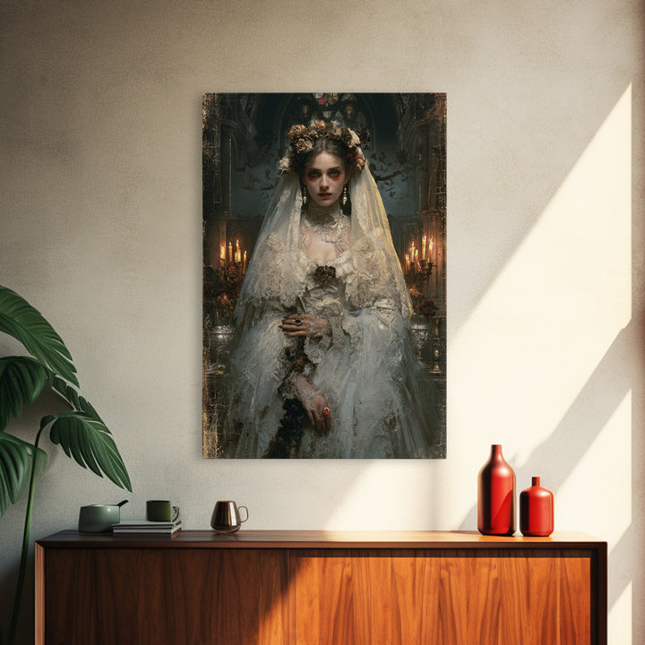 The Chapel Crypt Bride, Victorian Vampire Portrait, Vertical Canvas Print, Macabre Home Decor, Spooky Season Decor, Classic Monster Art