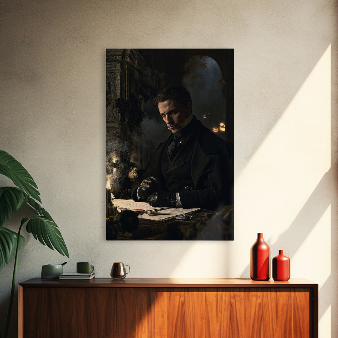 The Nocturne Barrister, Victorian Vampire Portrait, Vertical Canvas Print, Dark Academia Decor, Antique Horror Decor, Classic Monster Art