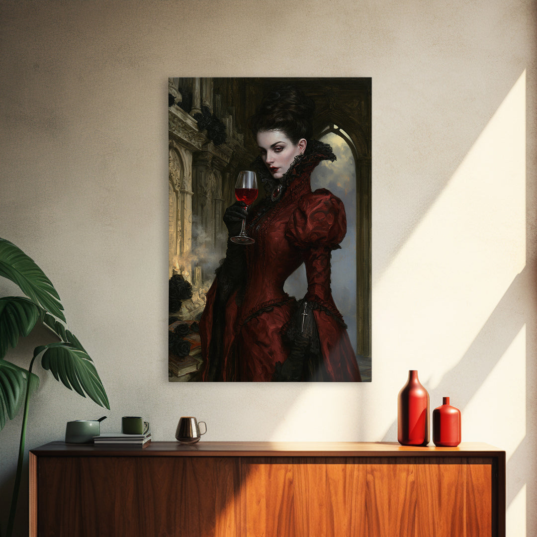 The Scarlet Thirst Duchess, Victorian Vampire Portrait, Vertical Canvas Print, Gothic Home Decor, Gothic Wall Decor, Classic Monster Art