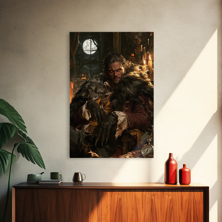 The Silver-Wolf Heir, Victorian Werewolf Portrait, Vertical Canvas Print, Dark Academia Decor, Antique Horror Decor, Classic Monster Art