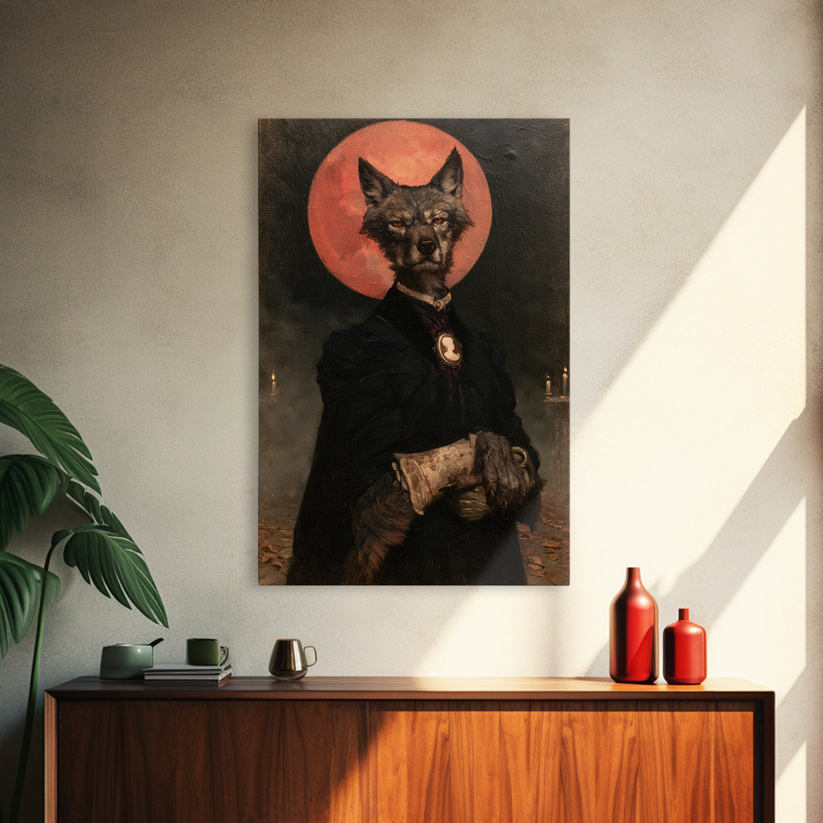 The Wolf Moon Governess, Victorian Werewolf Portrait, Vertical Canvas Print, Antique Style Decor, Spooky Season Decor, Classic Monster Art