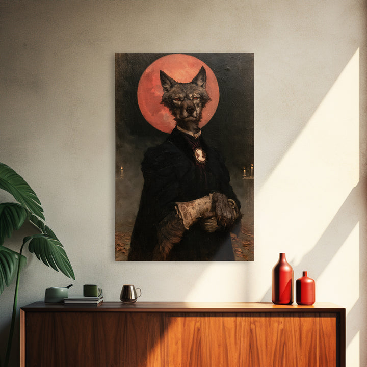 The Wolf Moon Governess, Victorian Werewolf Portrait, Vertical Canvas Print, Antique Style Decor, Spooky Season Decor, Classic Monster Art