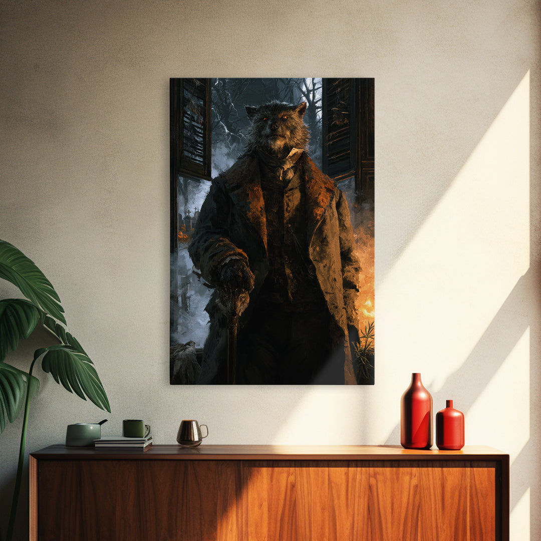 The Moorland Huntsman, Victorian Werewolf Portrait, Vertical Canvas Print, Classic Halloween Decor, Classic Monster Art