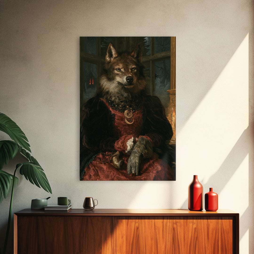 The Velvet Lycan Duchess, Victorian Werewolf Portrait, Vertical Canvas Print, Gothic Home Decor, Gothic Wall Decor, Classic Monster Art