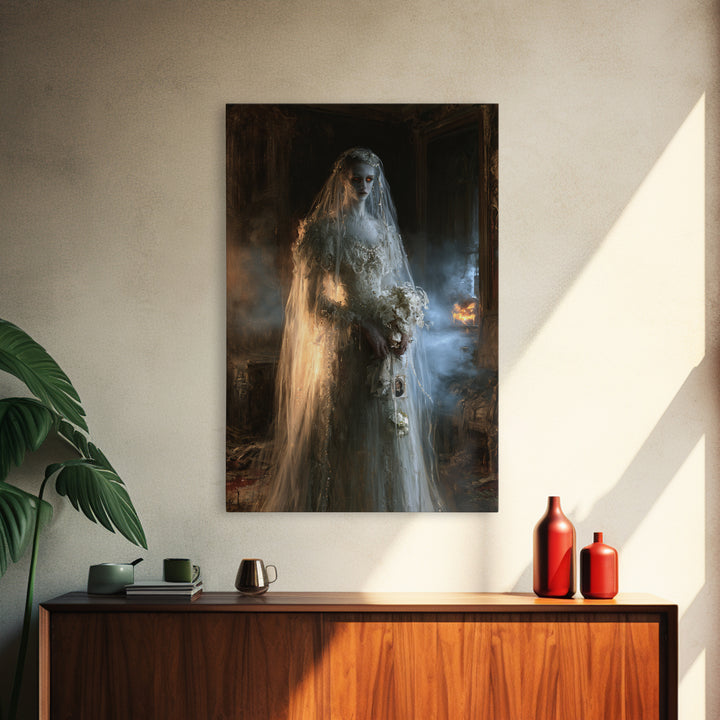 The Hollow-Eyed Bride, Victorian Ghost Portrait, Vertical Canvas Print, Gothic Home Decor, Halloween Portrait Art, Classic Monster Art