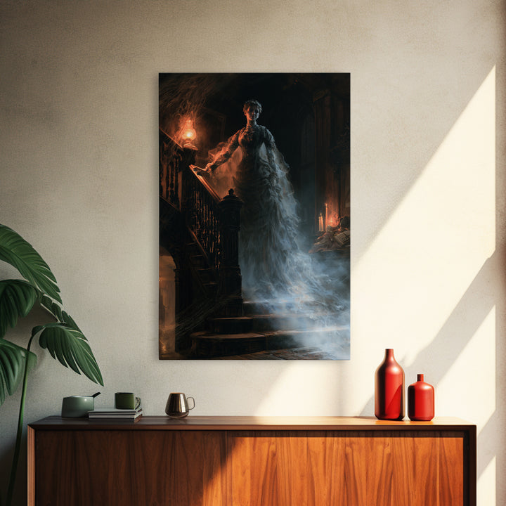 The Staircase Apparition, Victorian Ghost Portrait, Vertical Canvas Print, Antique Style Decor, Halloween Portrait Art, Classic Monster Art