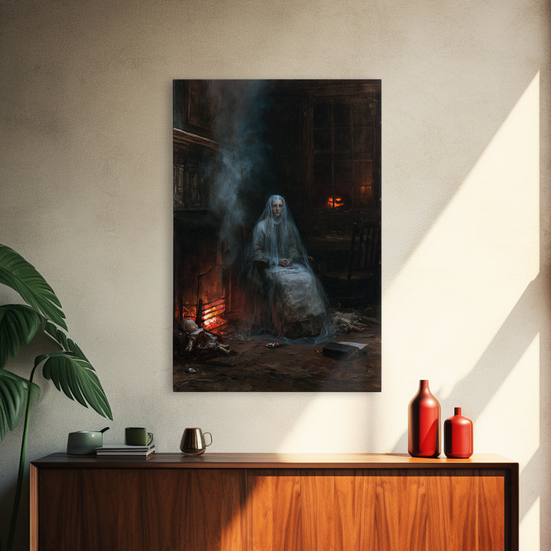 The Hearthside Shade, Victorian Ghost Portrait, Vertical Canvas Print, Classic Halloween Decor, Canvas Print, Classic Monster Art