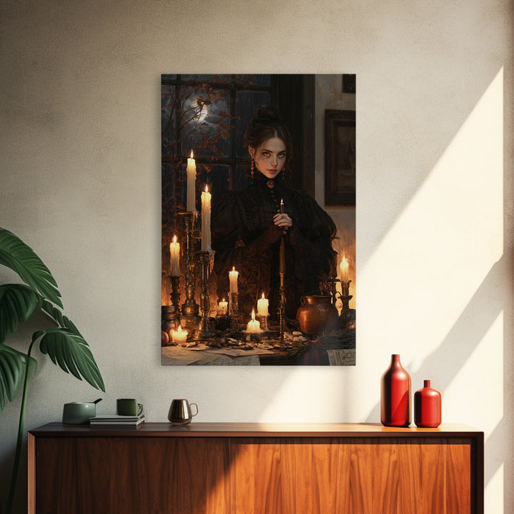 The Candle Witch, Victorian Witch Portrait, Vertical Canvas Print, Dark Academia Decor, Antique Horror Decor, Classic Monster Art