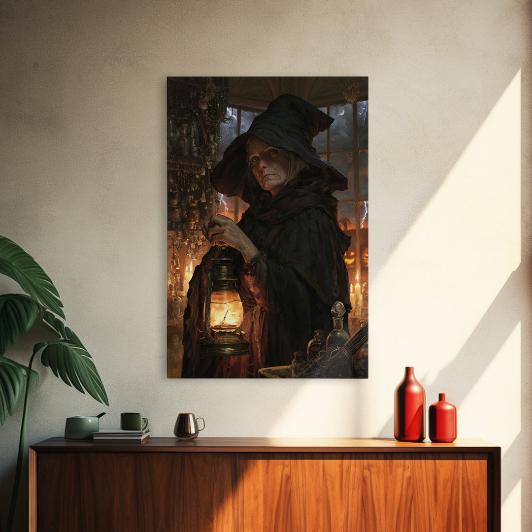 The Lantern Witch, Victorian Witch Portrait, Vertical Canvas Print, Dark Academia Decor, Gothic Wall Decor, Classic Monster Art