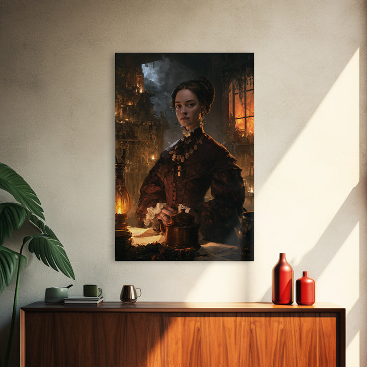 The Bone Charm Governess, Victorian Witch Portrait, Vertical Canvas Print, Macabre Home Decor, Spooky Season Decor, Classic Monster Art