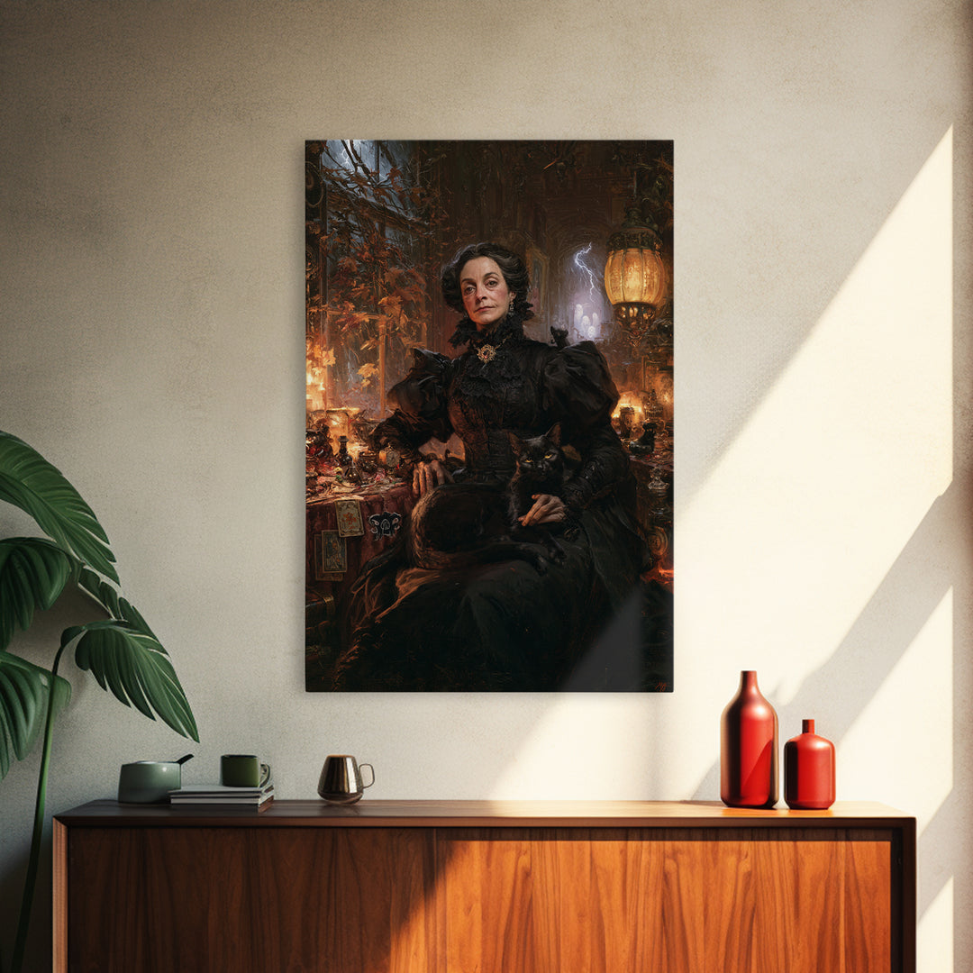 The Widow Of Nine Cats, Victorian Witch Portrait, Vertical Canvas Print, Gothic Home Decor, Halloween Portrait Art, Classic Monster Art