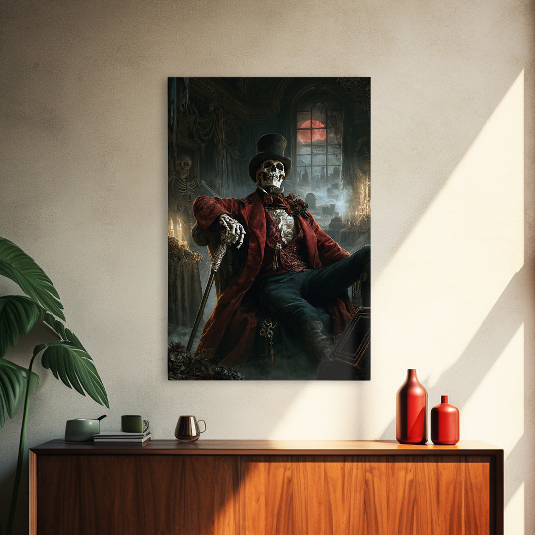 The Bone Marquis, Victorian Skeleton Portrait, Vertical Canvas Print, Gothic Home Decor, Halloween Portrait Art, Classic Monster Art