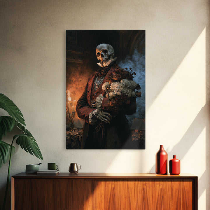 The Graveyard Dandy, Victorian Skeleton Portrait, Vertical Canvas Print, Classic Halloween Decor, Gothic Wall Decor, Classic Monster Art