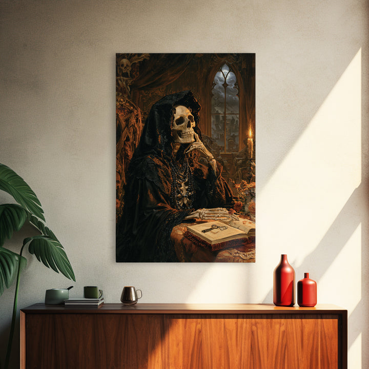 The Widow In Ivory Bone, Victorian Skeleton Portrait, Vertical Canvas Print, Macabre Home Decor, Halloween Portrait Art, Classic Monster Art
