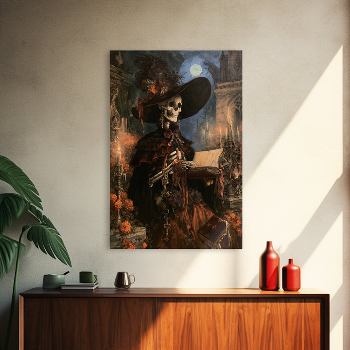The Ballad-Singer Skeleton, Victorian Skeleton Portrait, Vertical Canvas Print, Classic Halloween Decor, Classic Monster Art