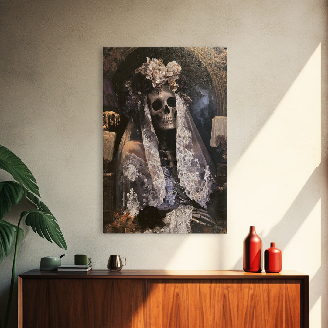 The Mourning Skeleton Bride, Victorian Skeleton Portrait, Vertical Canvas Print, Macabre Home Decor, Classic Monster Art