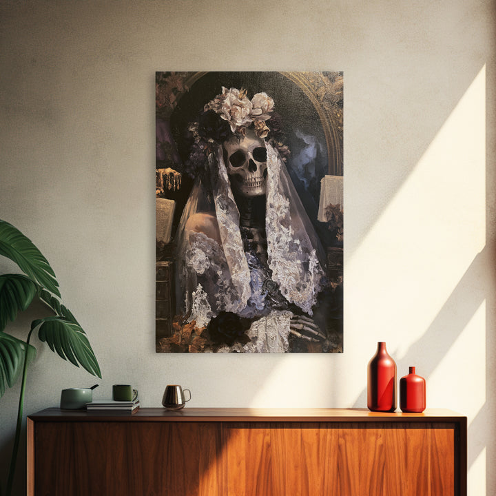 The Mourning Skeleton Bride, Victorian Skeleton Portrait, Vertical Canvas Print, Macabre Home Decor, Classic Monster Art