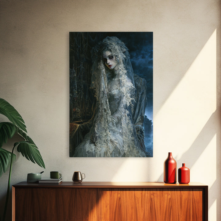 The Storm-Stitched Bride, Victorian Monster Portrait, Vertical Canvas Print, Classic Halloween Decor, Classic Monster Art