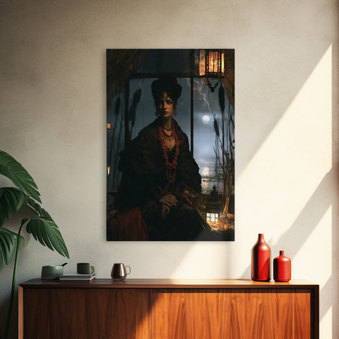 The Tidal Heiress, Victorian Creature Portrait, Vertical Canvas Print, Dark Academia Decor, Antique Horror Decor, Classic Monster Art