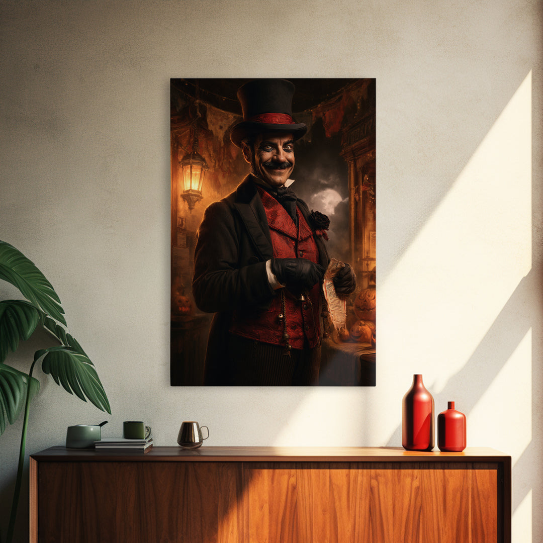 The Cursed Ringmaster, Victorian Circus Horror Portrait, Vertical Canvas Print, Macabre Home Decor, Classic Monster Art