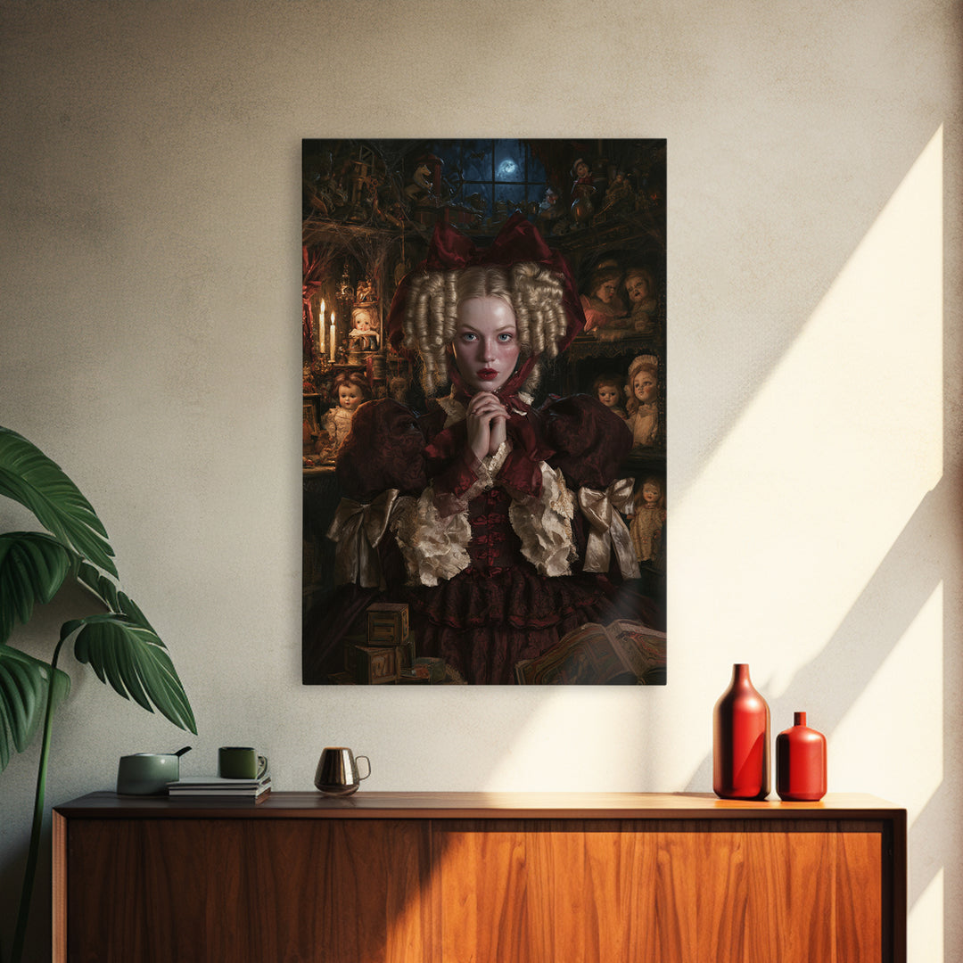 The Porcelain Doll Mistress, Haunted Doll Portrait, Vertical Canvas Print, Gothic Home Decor, Halloween Portrait Art, Classic Monster Art