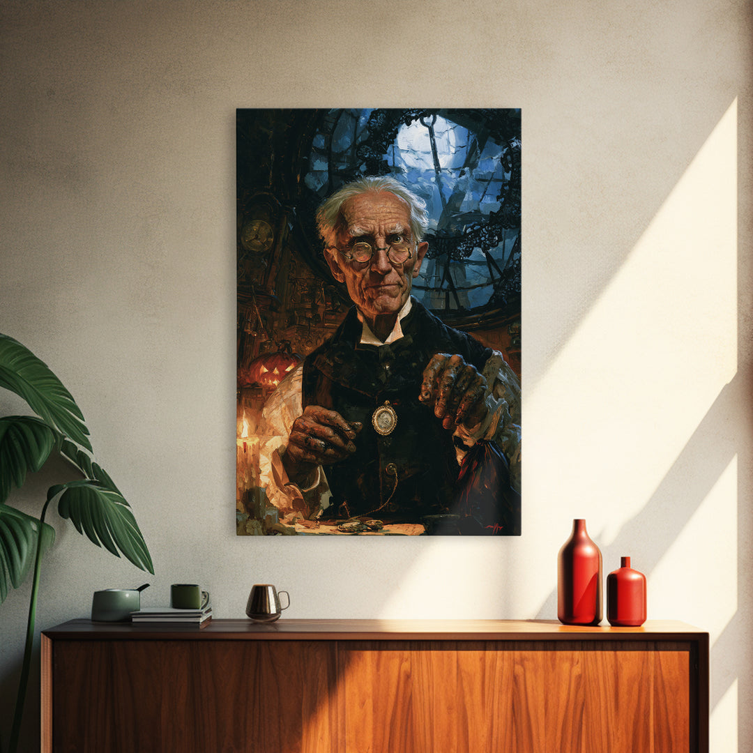The Clockmaker Of Midnight, Midnight Clockmaker Portrait, Vertical Canvas Print, Dark Academia Decor, Classic Monster Art
