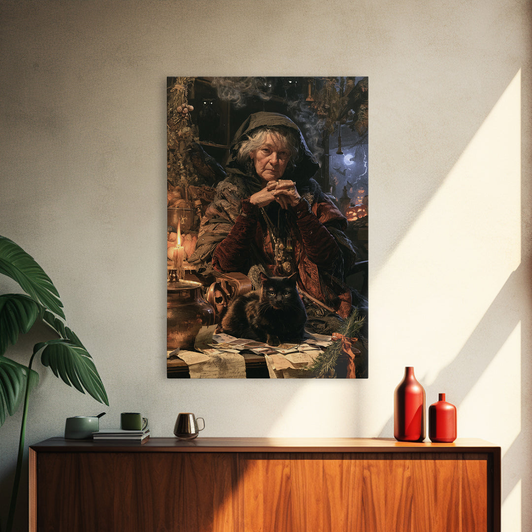 The Black-Cat Fortune Teller, Victorian Fortune Teller Portrait, Vertical Canvas Print, Gothic Home Decor, Classic Monster Art