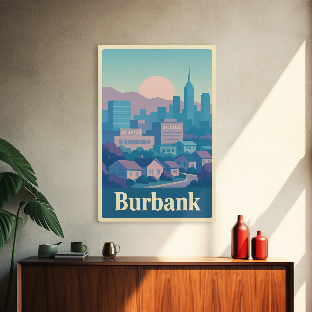 Burbank Travel Poster, Canvas Print, Vaporwave City Skyline Wall Art, Burbank Wall Art, City Illustration, Vintage Travel Art, City Poster