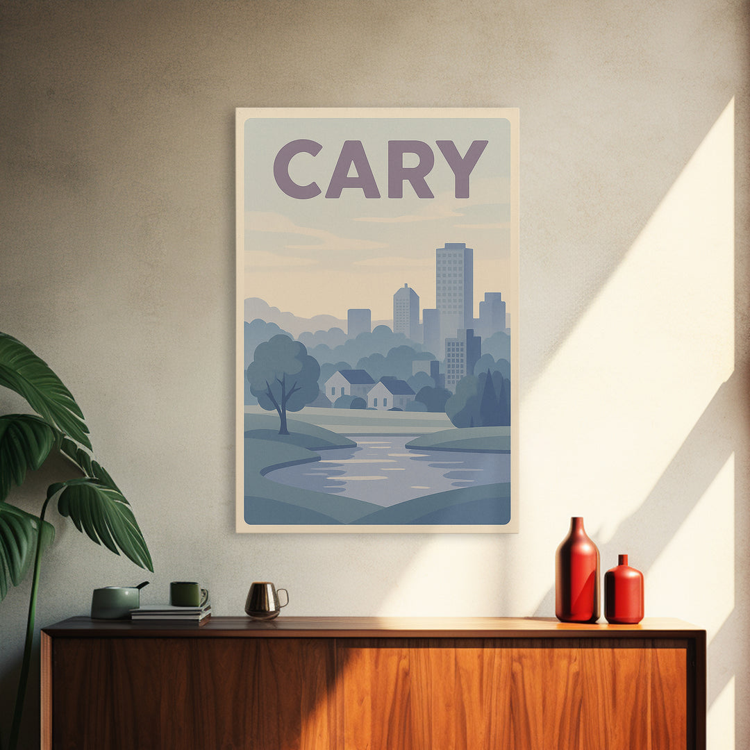 Cary North Carolina Travel Poster, Canvas Print, Vaporwave Skyline Wall Art, Cary City Art, Art Print, Retro Travel Print, Wanderlust Decor