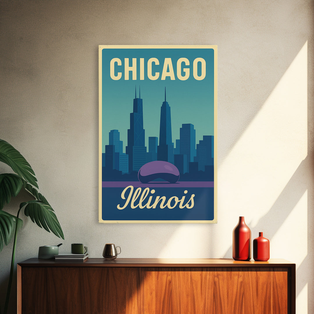 Chicago Travel Poster, Canvas Print, Pastel Retro Travel Art, Chicago Travel Art, Watercolor Urban Skyline, Office Decor, City Art Print