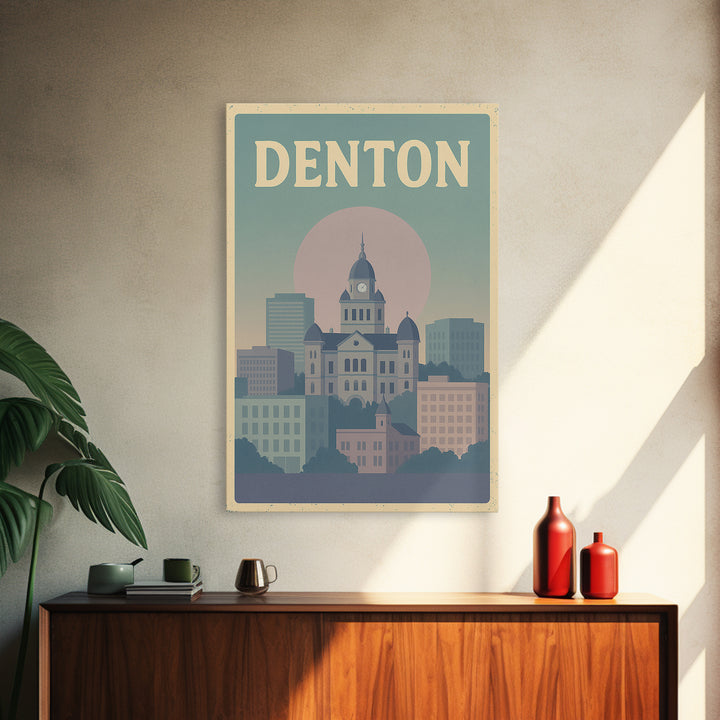 Denton Travel Poster, Framed Canvas Print, Vaporwave Skyline Wall Art, Denton Poster Print, Living Room Wall Art, Modern Wall Decor