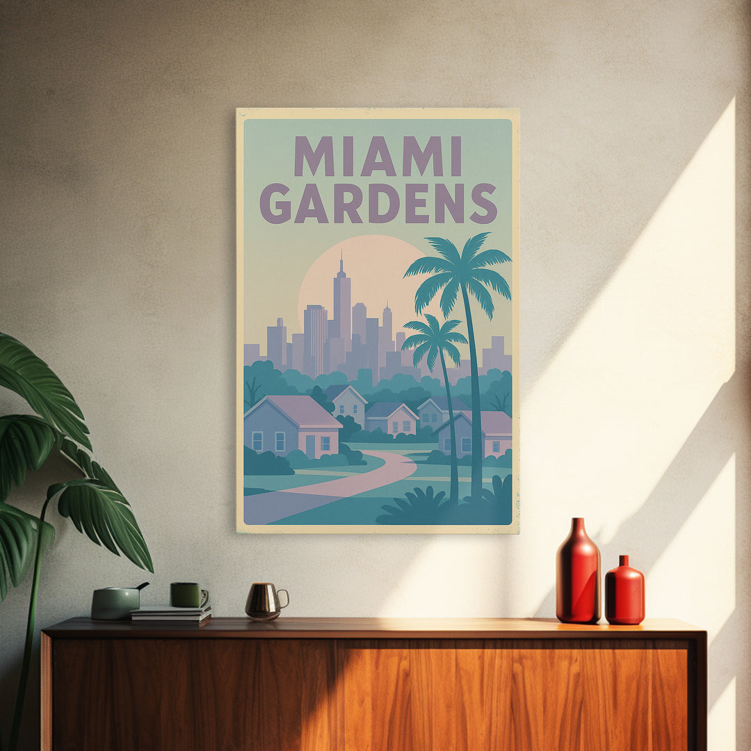 Miami Gardens Florida Travel Poster, Canvas Print, Soft Vintage City Poster, Miami Gardens City Art, Mid Century Wall Art, Travel Art