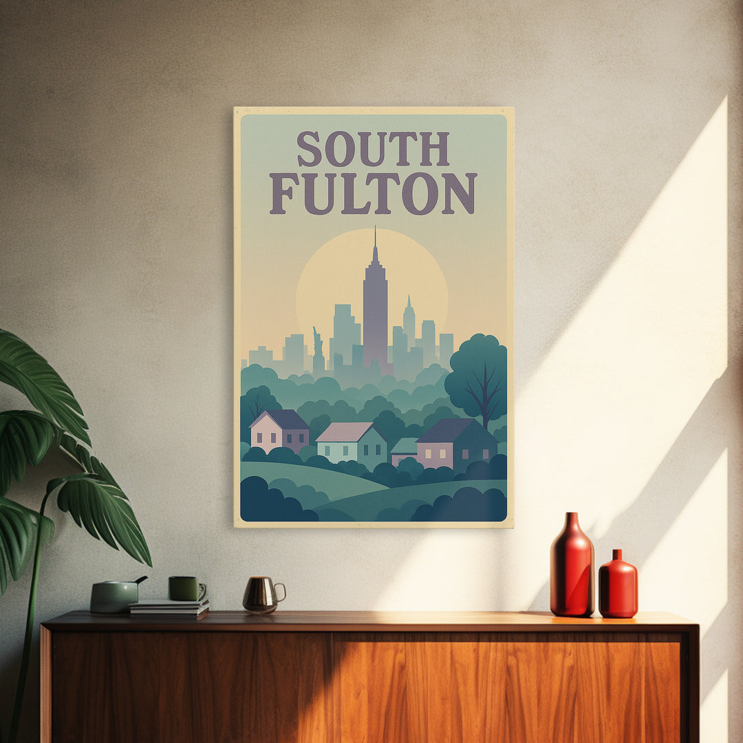 South Fulton Georgia Travel Poster, Canvas Print, Vaporwave Skyline Art Wall Art, South Fulton Wall Art, Fine Art Print, Travel Wall Art