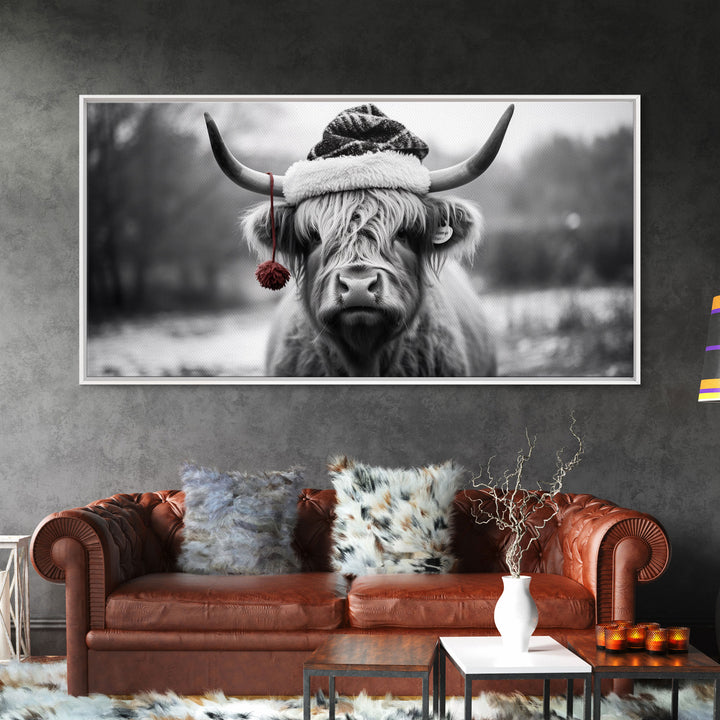 Highland Cow Wearing Santa Hat, Festive and Fun Framed Canvas Print for Holiday Wall Art, Living Room or Bedroom Decor