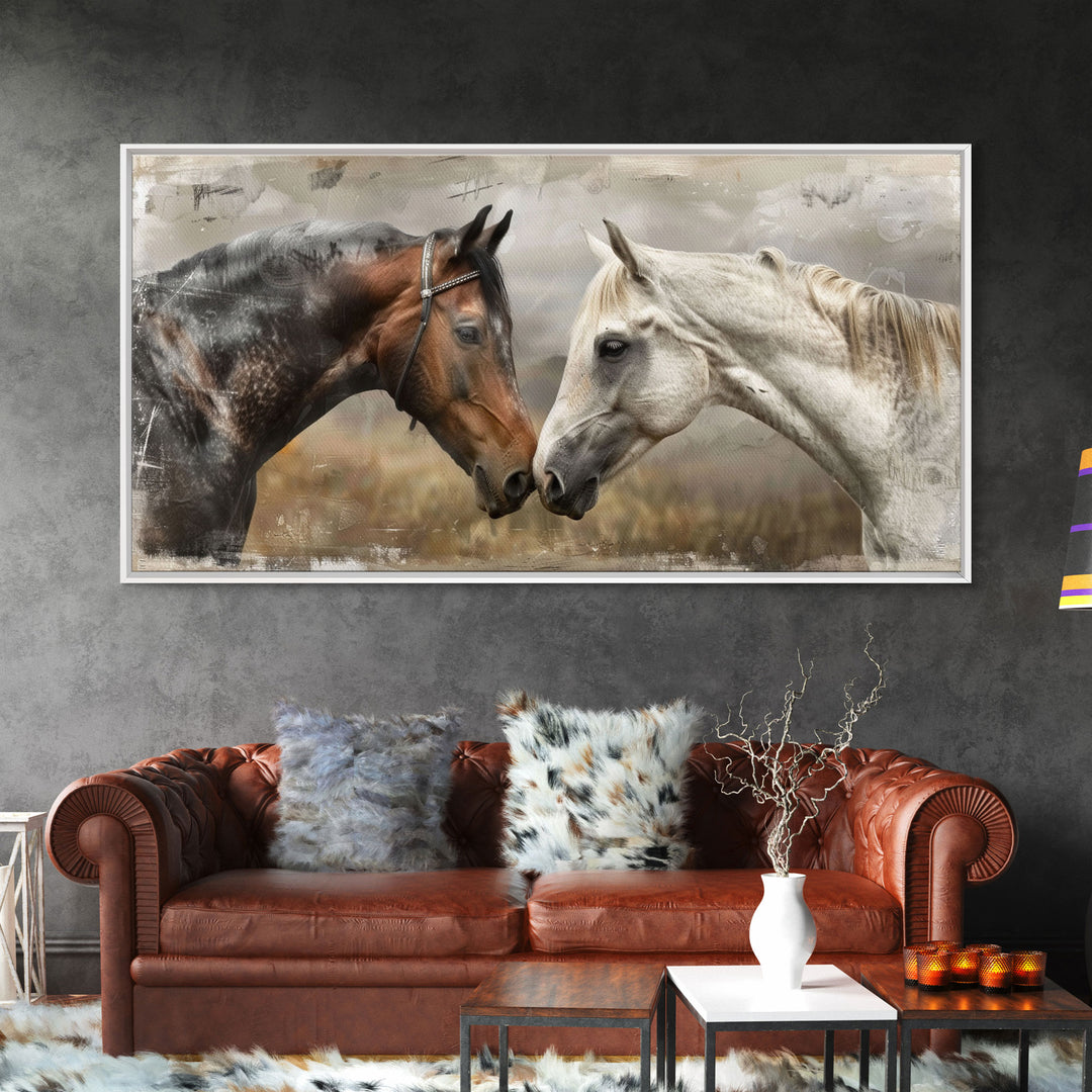 Black and White Horses, Framed Canvas Print for Elegant Living Room Decor, Equine Art for Home and Bedroom Decoration