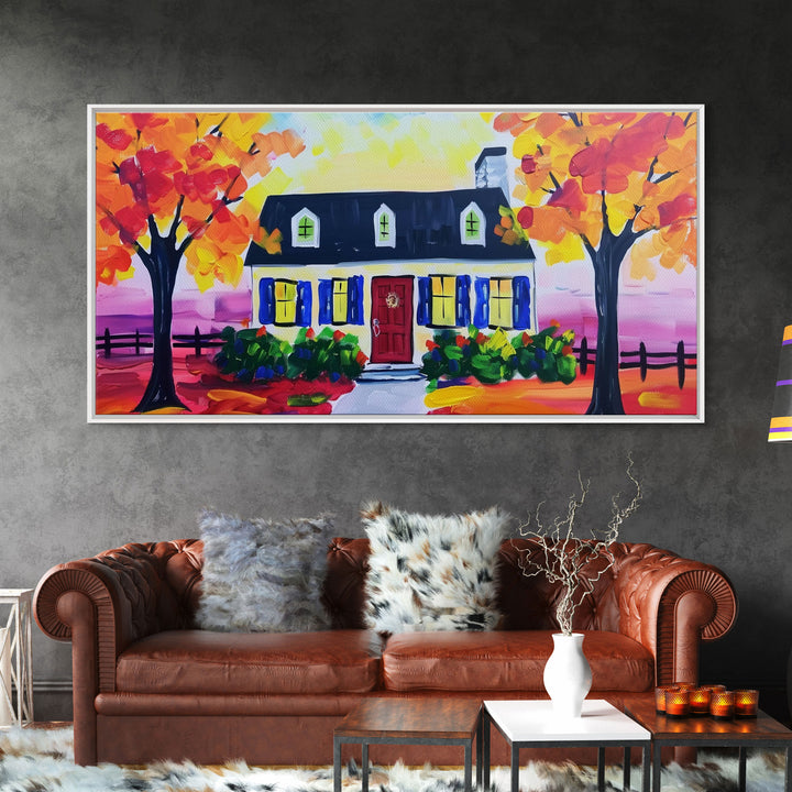 Cozy Cottage in Autumn, Framed Canvas Print, Ideal for Living Room Art, Rustic Home Decor, Charming Bedroom Wall Art