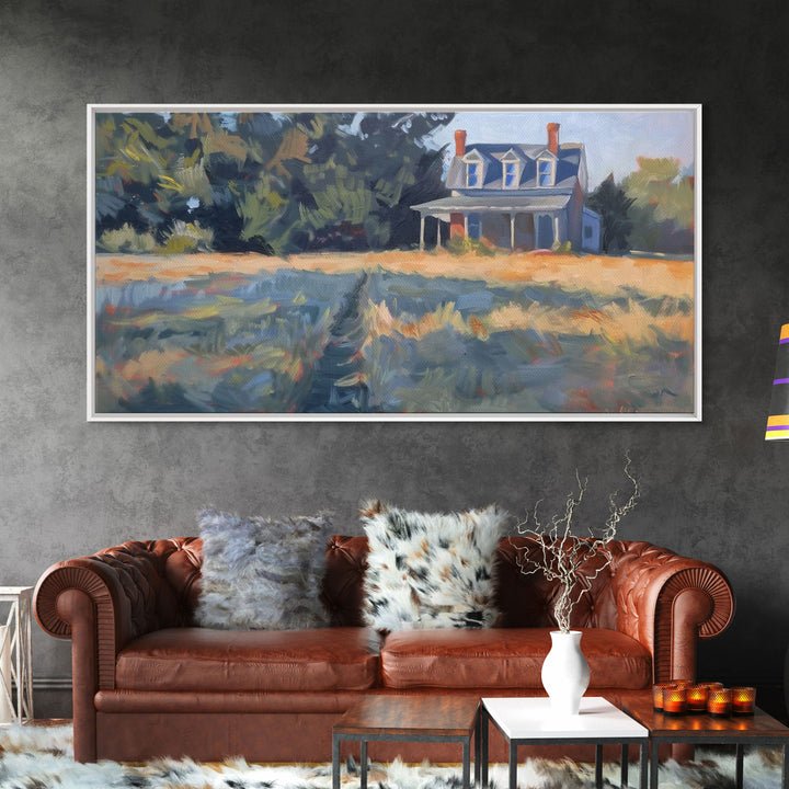 Serene Farmhouse at Dusk, Framed Canvas Print, Great for Living Room Art, Country Home Decor, Relaxing Bedroom Wall Art