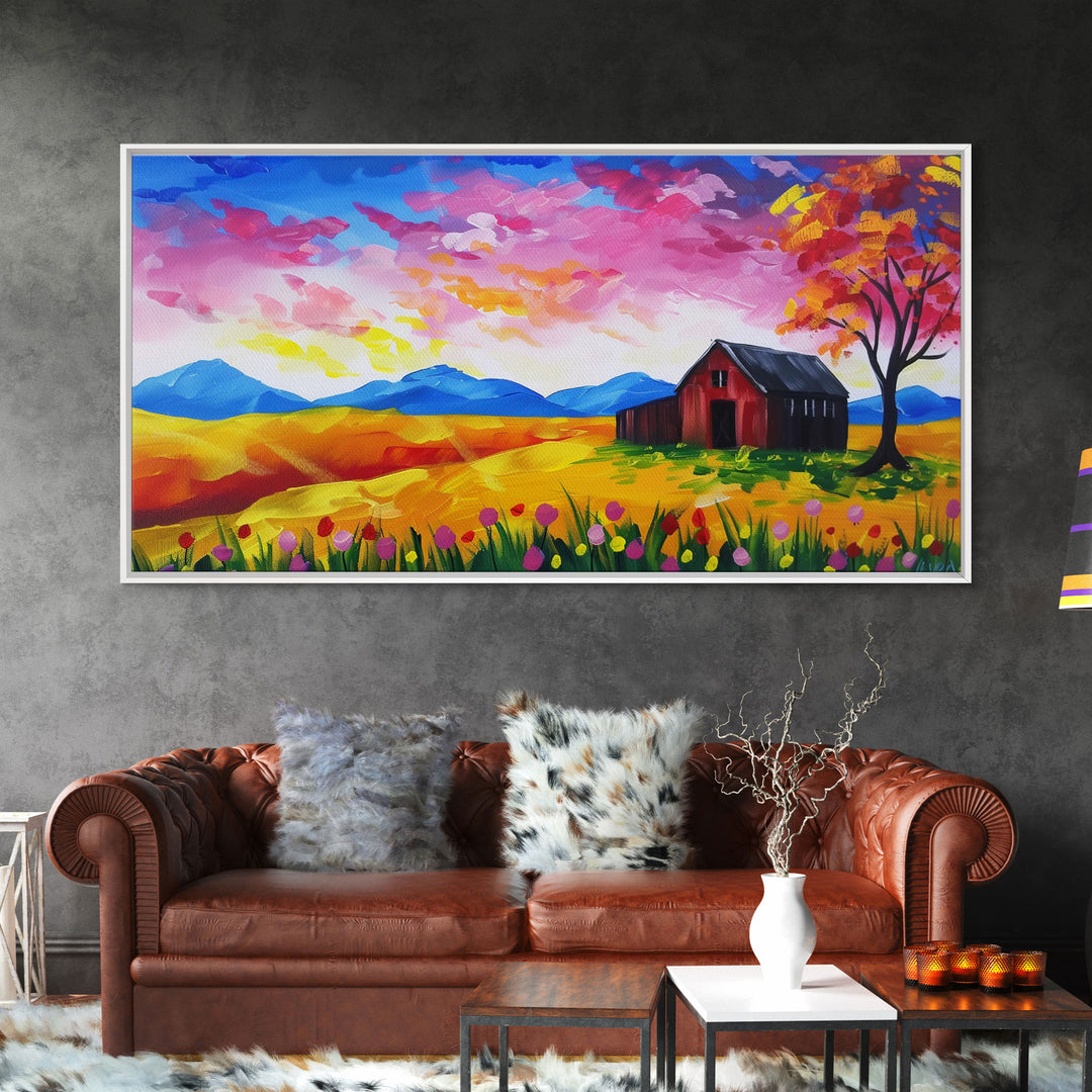 Bright Barn in Floral Field, Framed Canvas Print, Perfect for Living Room Art, Vibrant Home Decor, Colorful Bedroom Wall Art