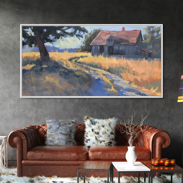 Quaint House on Country Road, Framed Canvas Print, Perfect for Living Room Art, Rustic Home Decor, Serene Bedroom Wall Art