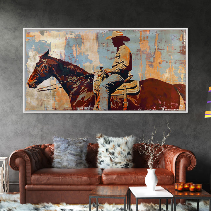 Cowboy on Horseback, Textured Background, Modern Living Room Art, Framed Canvas Print, Rustic Home Decoration, Boho Wall Art
