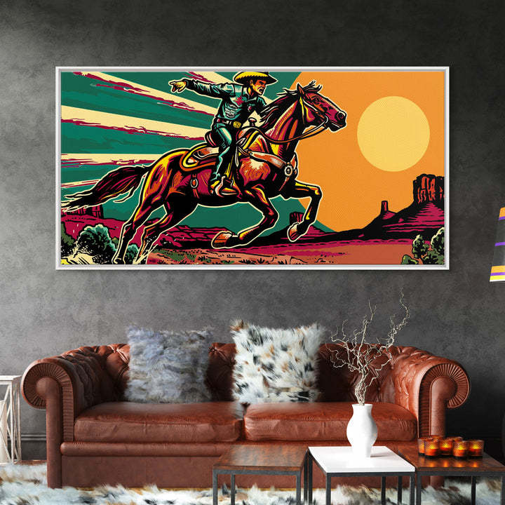 Vintage Cowboy Riding Horse, Western Sunset Wall Art, Framed Canvas Print, Rustic Decor, Cowboy Art, Country Living Room