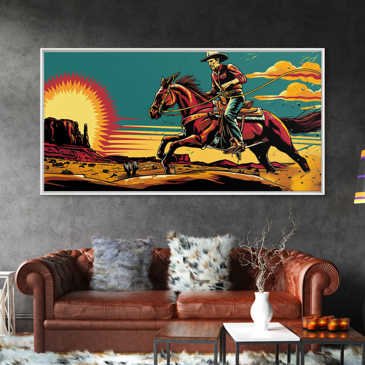 Cowboy Riding Through Desert, Southwestern Landscape Art, Framed Canvas Print, Boho Decor, Desert Art, Rustic Wall Art