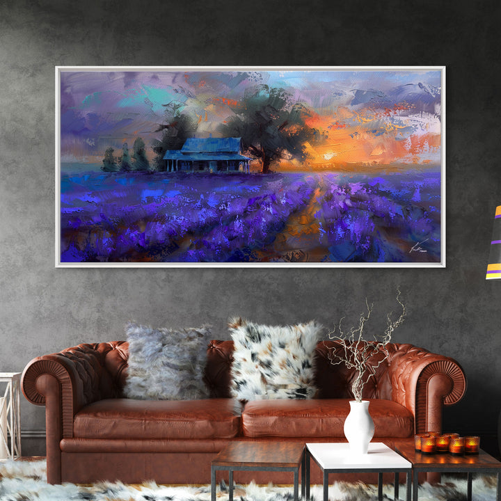 Lavender Field at Dusk, Moody Landscape Art, Framed Canvas Print, Boho Decor, Lavender Art, Rustic Bedroom Decor