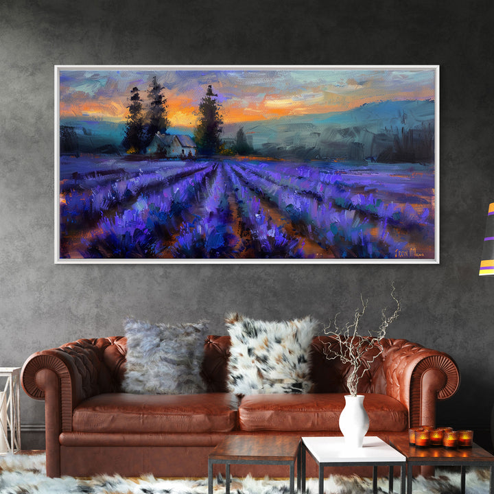 Lavender Field with Cottage, Warm Sunset Colors, Framed Canvas Print, Rustic Decor, Country Wall Art, Farmhouse Vibes