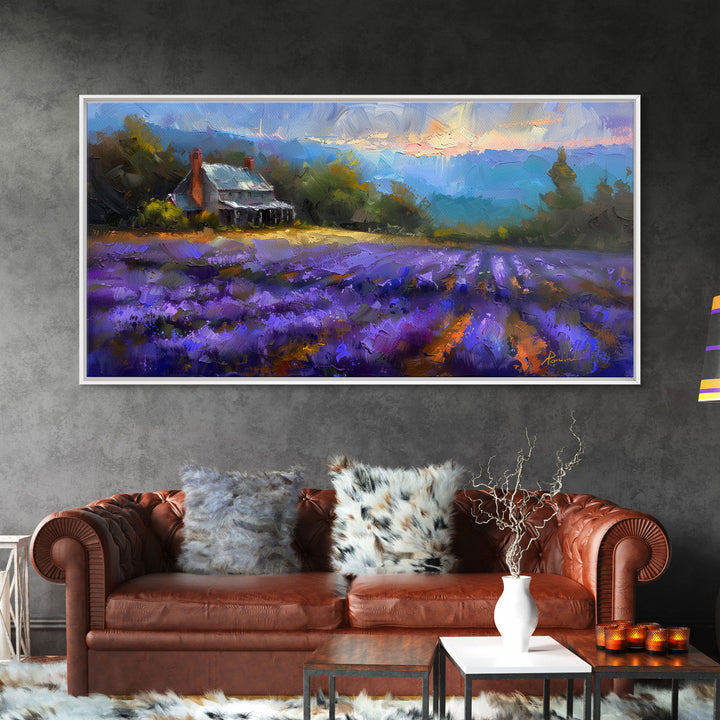 Lavender Field at Twilight, Dreamy Landscape Art, Framed Canvas Print, Boho Bedroom Decor, Purple Art, Rustic Wall Art