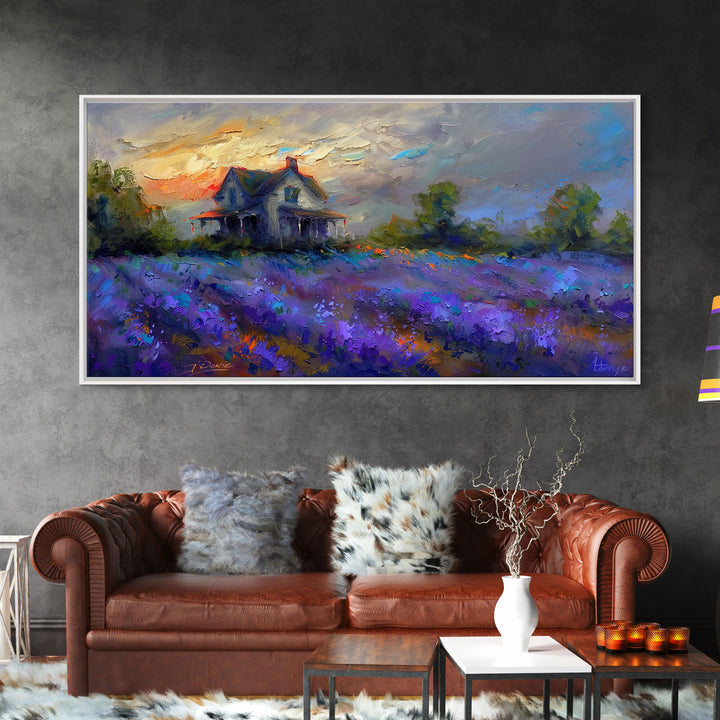 Country Cottage in Lavender Field, Impressionist Style, Framed Canvas Print, Farmhouse Decor, Cozy Art, Rustic Living Room