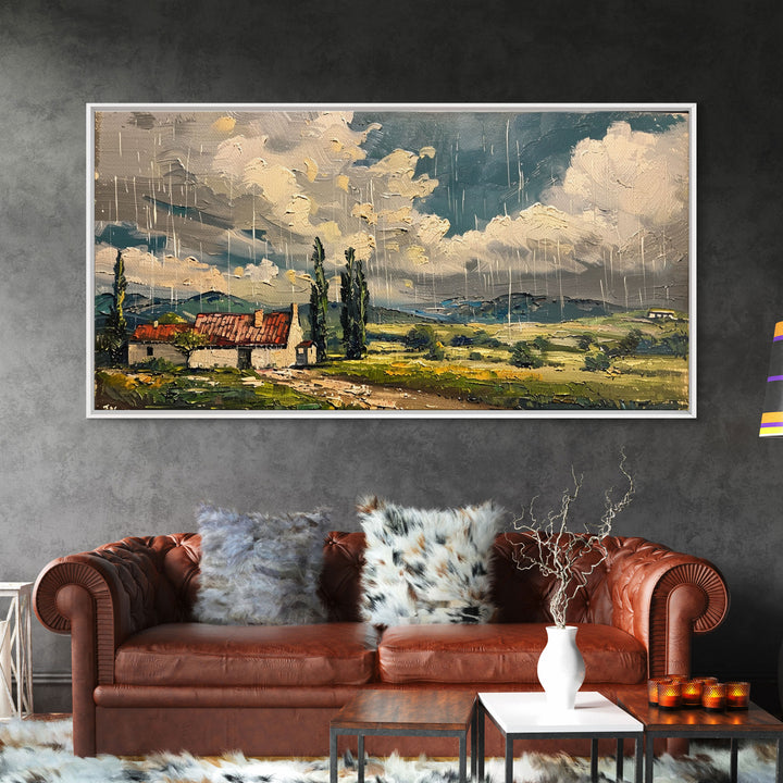 Rainy Day Over Cottage, Textured Landscape Art, Framed Canvas Print, Boho Decor, Farmhouse Style, Moody Wall Art