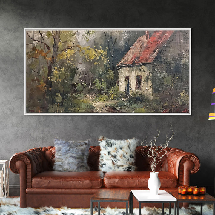 Rustic Cottage in Autumn Forest, Framed Canvas Print, Farmhouse Style, Living Room Art, Bedroom Decor, Nature Wall Art